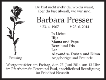Todesanzeige von Barbara Presser von merkurtz