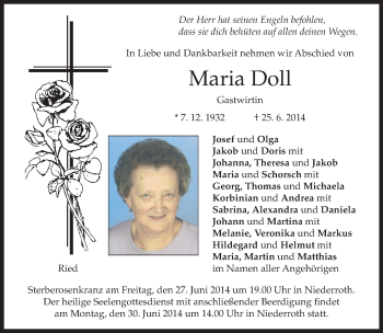 Todesanzeige von Maria Döll von merkurtz