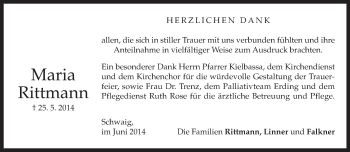 Todesanzeige von Maria Rittmann von merkurtz