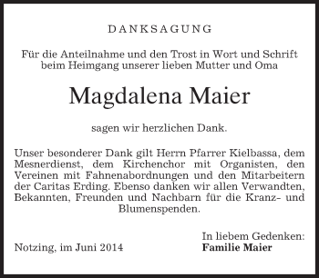 Todesanzeige von Magdalena Maier von merkurtz