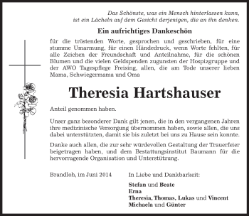 Todesanzeige von Theresia Hartshauser von merkurtz