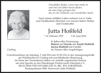 Todesanzeige von Jutta Hoßfeld von merkurtz