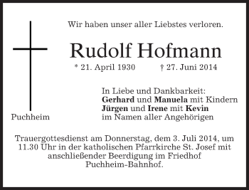Todesanzeige von Rudolf Hofmann von merkurtz