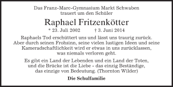 Todesanzeige von Raphael Fritzenkötter von merkurtz