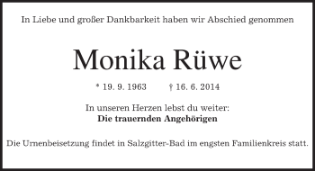 Todesanzeige von Monika Rüwe von merkurtz