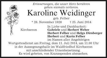 Todesanzeige von Karoline Weidinger von merkurtz