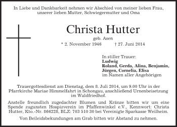 Todesanzeige von Christa Hutter von merkurtz