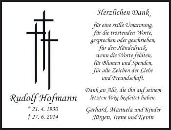 Todesanzeige von Rudolf Hofmann von merkurtz