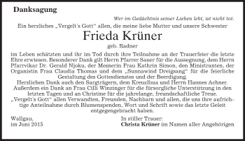 Todesanzeige von Frieda Krüner von merkurtz