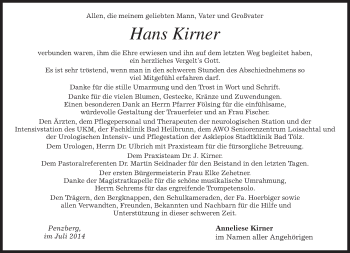 Todesanzeige von Hans Kirner von merkurtz