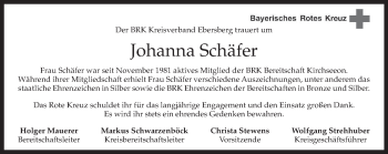 Todesanzeige von Johanna Schäfer von merkurtz