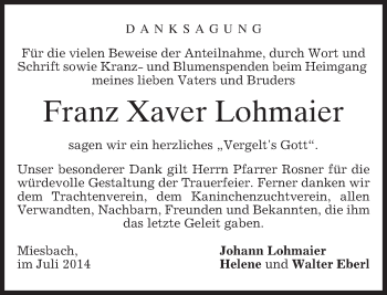 Todesanzeige von Franz Xaver Lohmaier von merkurtz