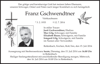 Todesanzeige von Franz Gschwendtner von merkurtz