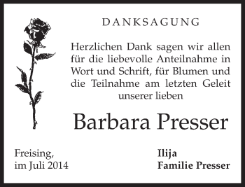 Todesanzeige von Barbara Presser von merkurtz