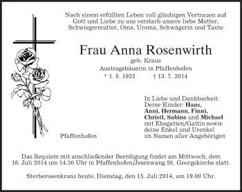 Todesanzeige von Anna Rosenwirth von merkurtz