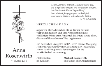 Todesanzeige von Anna Rosenwirth von merkurtz