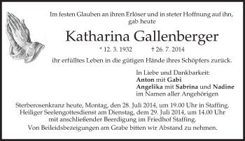 Todesanzeige von Katharina Gallenberger von merkurtz