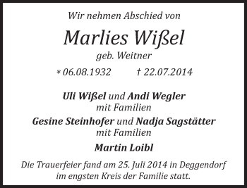Todesanzeige von Marlies Wißel von merkurtz