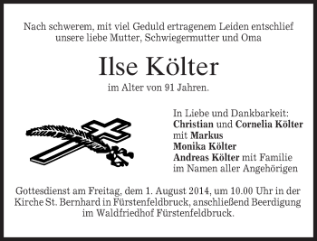 Todesanzeige von Ilse Költer von merkurtz