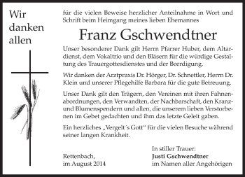 Todesanzeige von Franz Gschwendtner von merkurtz