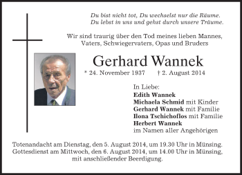 Todesanzeige von Gerhard Wannek von merkurtz