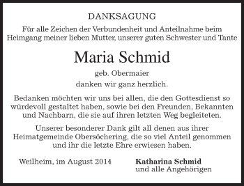 Todesanzeige von Maria Schmid von merkurtz