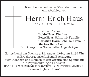 Todesanzeige von Erich Haus von merkurtz