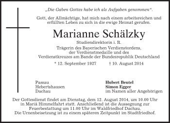 Todesanzeige von Marianne Schälzky von merkurtz