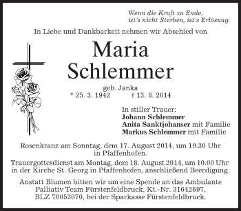 Todesanzeige von Maria Schlemmer von merkurtz