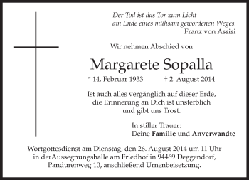 Todesanzeige von Margarete Sopalla von merkurtz
