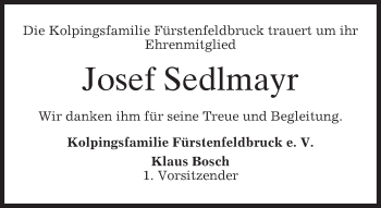Todesanzeige von Josef Sedlmayr von merkurtz