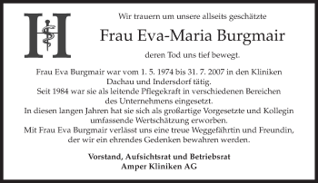 Todesanzeige von Eva-Maria Burgmair von merkurtz