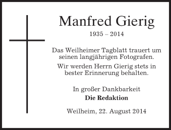 Todesanzeige von Manfred Gierig von merkurtz
