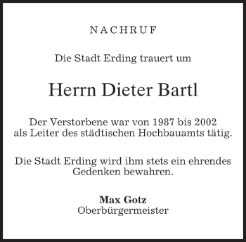 Todesanzeige von Dieter Bartl von merkurtz