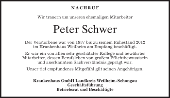 Todesanzeige von Peter Schwer von merkurtz
