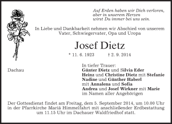 Todesanzeige von Josef Dietz von merkurtz