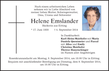 Todesanzeige von Helene Emslander von merkurtz