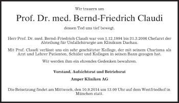 Todesanzeige von Bernd-Friedrich Claudi von merkurtz