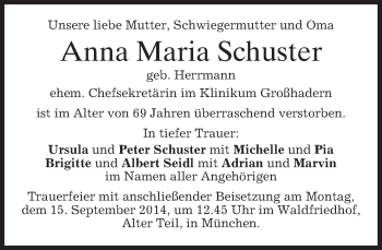 Todesanzeige von Anna Maria Schuster von merkurtz