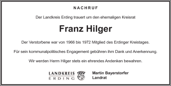 Todesanzeige von Franz Hilger von merkurtz