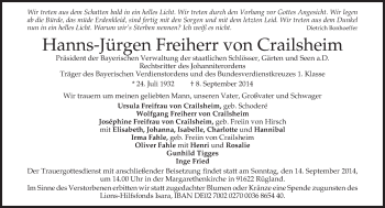 Todesanzeige von Harms-Jürgen Freivon Crailsheim von merkurtz