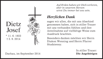 Todesanzeige von Josef Dietz von merkurtz