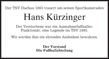 Todesanzeige von Hans Kürzinger von merkurtz