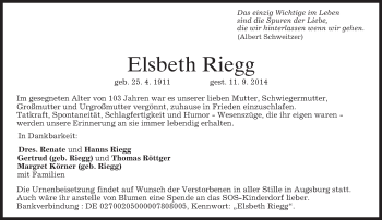 Todesanzeige von Elsbeth Riegg von merkurtz