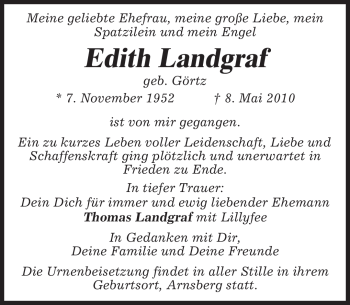 Todesanzeige von Edith Landgraf von MERKUR & TZ