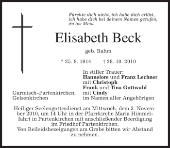 Todesanzeige von Elisabeth Beck von MERKUR & TZ
