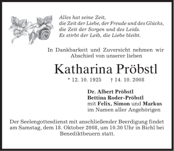 Todesanzeige von Katharina Pröbstl von MERKUR & TZ