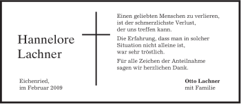 Todesanzeige von Hannelore Lachner von MERKUR & TZ