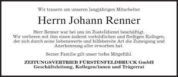 Todesanzeige von Johann Renner von merkurtz