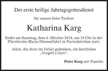 Todesanzeige von Katharina Karg von merkurtz